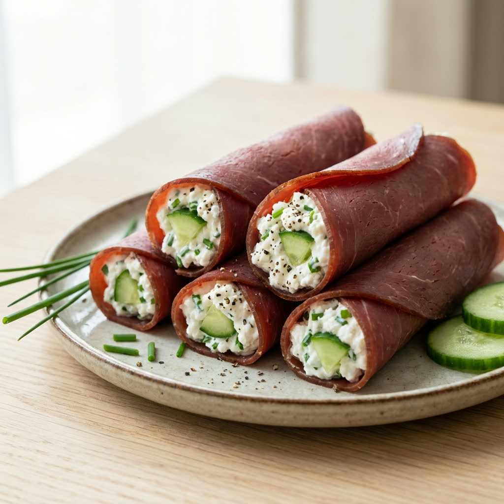 Rookvlees Rolletjes met Hüttenkäse