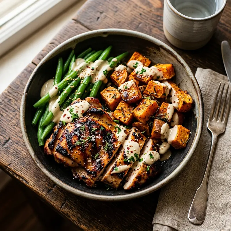 Gegrilde Kip met Geroosterde Zoete Aardappel en Tahinsaus