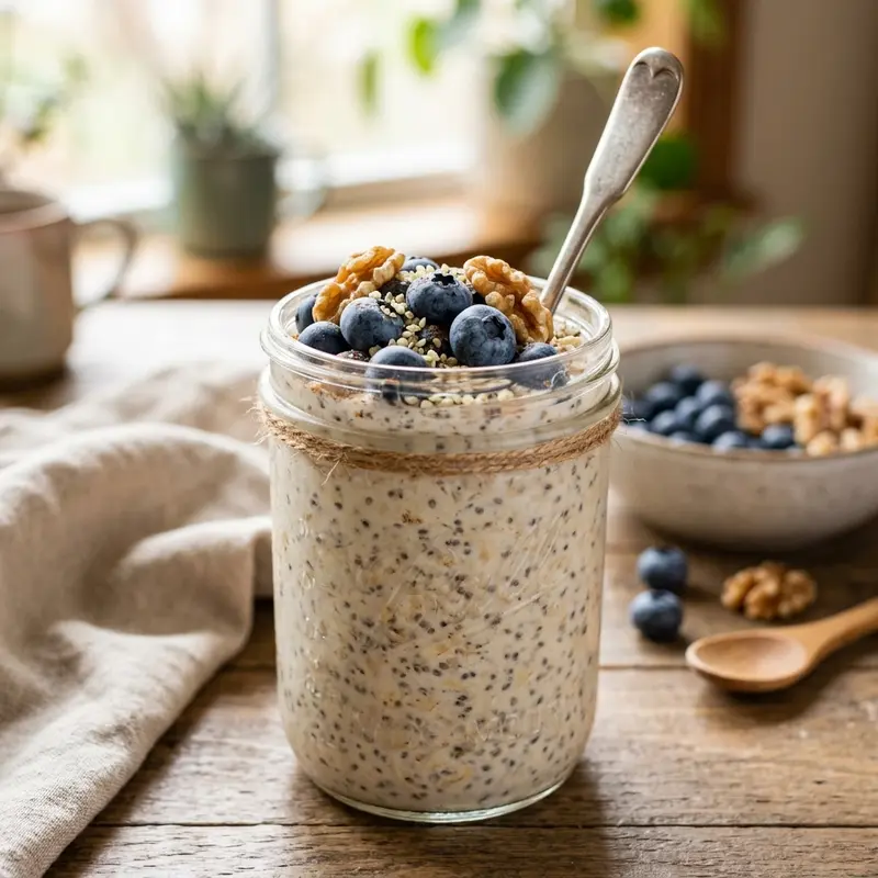 Chia-Havermout Overnight Oats met Blauwe Bessen