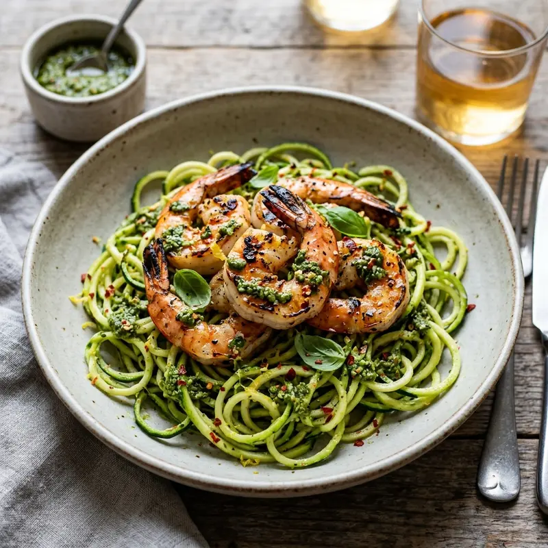 Gegrilde Gamba's met Courgetti en Pesto