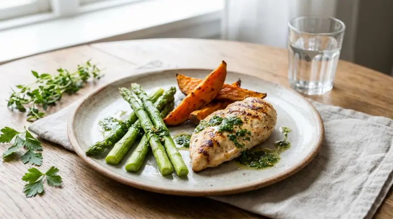 Kipfilet met zoete aardappel en asperges