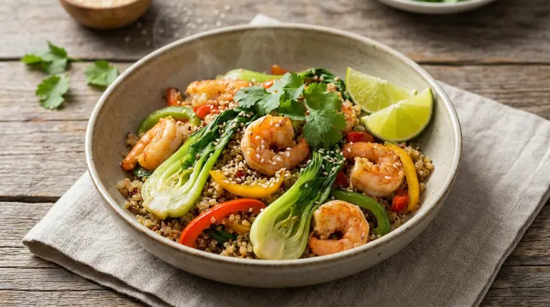 Garnalenwok met paksoi en quinoa