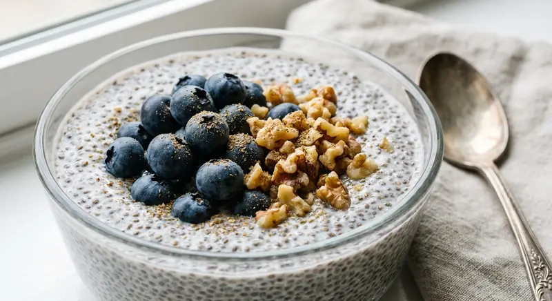Chia-Kokospudding met Blauwe Bessen en Walnoten