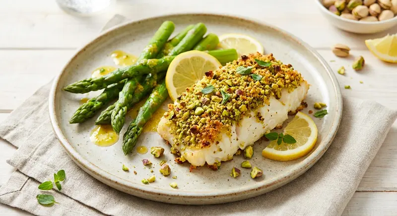 Kabeljauw met Pistachekorst en Gestoomde Asperges