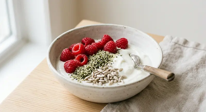 Kokosyoghurt met Hennepzaad en Frambozen