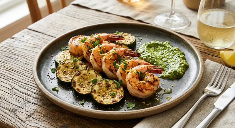 Gegrilde Garnalen met Courgette en Pesto