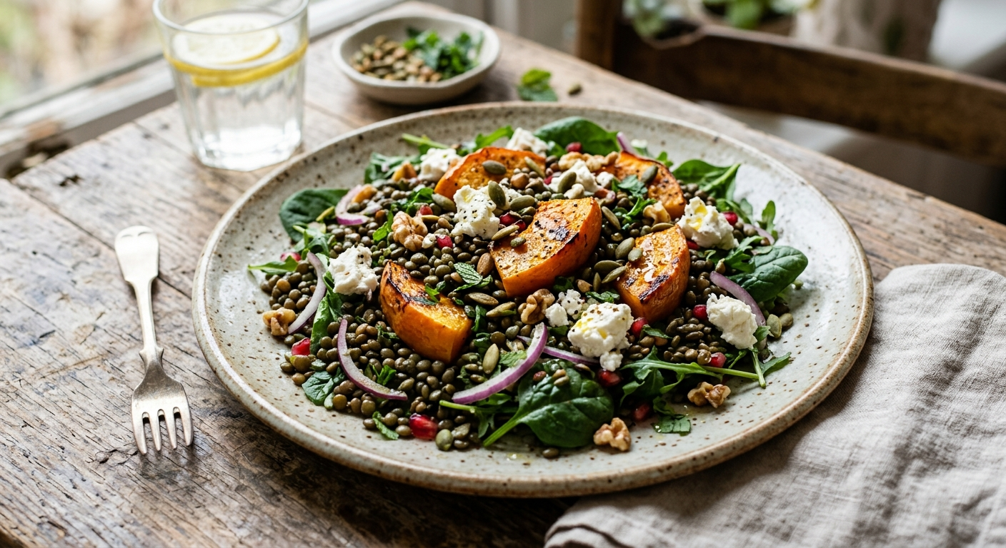 Linzensalade met Geroosterde Pompoen en Feta