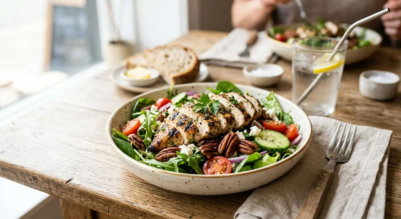 Salade met gegrilde kip en pecannoten