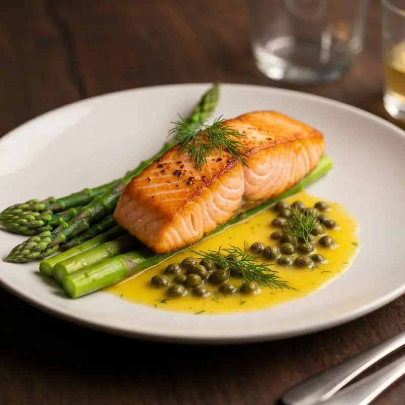 Zalmfilet met Groene Asperges en Kappertjesbotergarnering