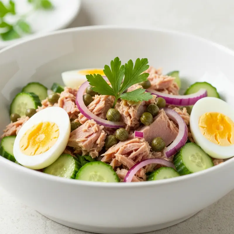 Tonijnsalade met Kappertjes, Komkommer en Hardgekookt Ei