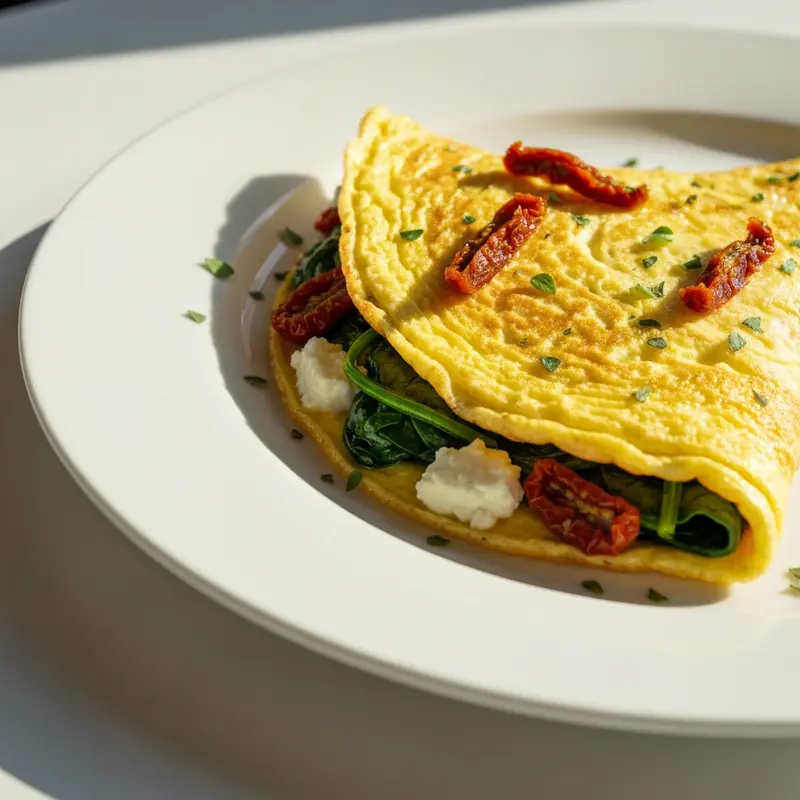 Spinazie-Feta Omelet met Zongedroogde Tomaat