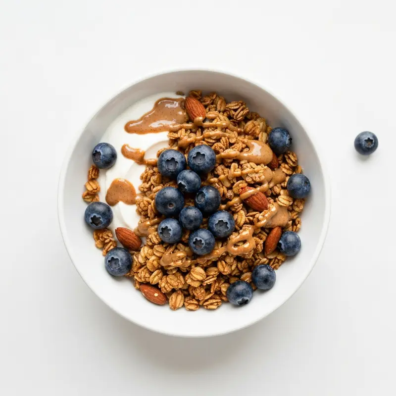 Kokos-Amandel Granola met Griekse Yoghurt en Blauwe Bessen