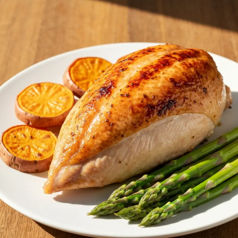 Kalkoenfilet met groene asperges en zoete aardappel