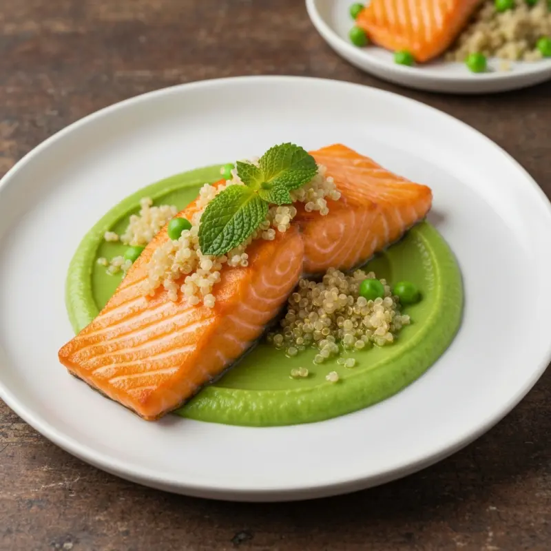 Zalm met doperwten-muntpuree en quinoa