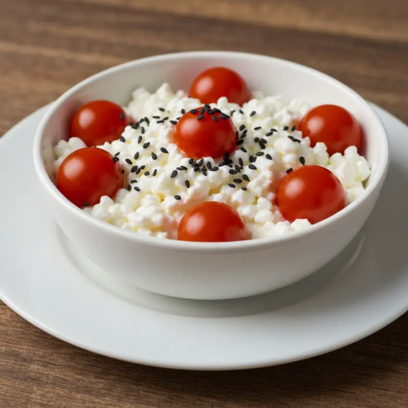 Hartige hüttenkäse bowl met tomaat en pitten
