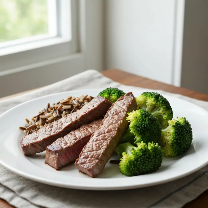 Biefstukreepjes met broccoli en wilde rijst