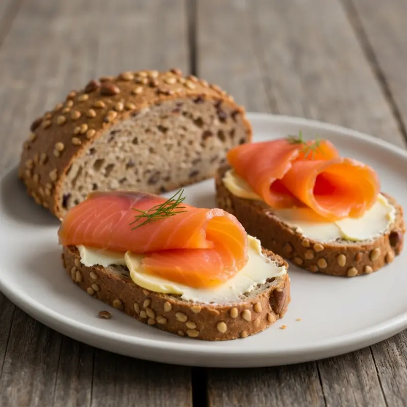 Notenbrood met roomboter en gerookte zalm