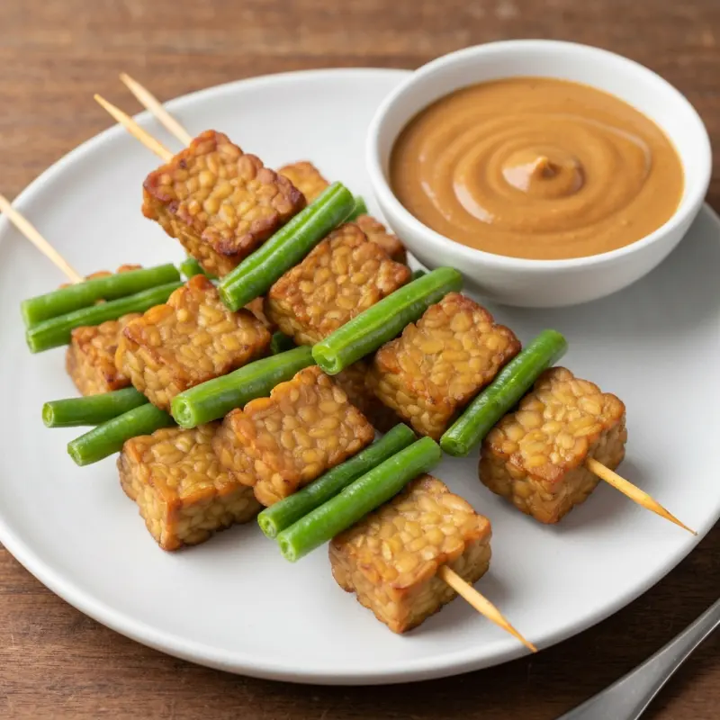 Tempeh spiesjes met sperziebonen en pindasaus