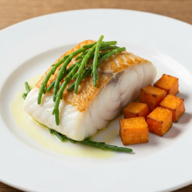 Kabeljauwhaasje met zeekraal en zoete aardappel