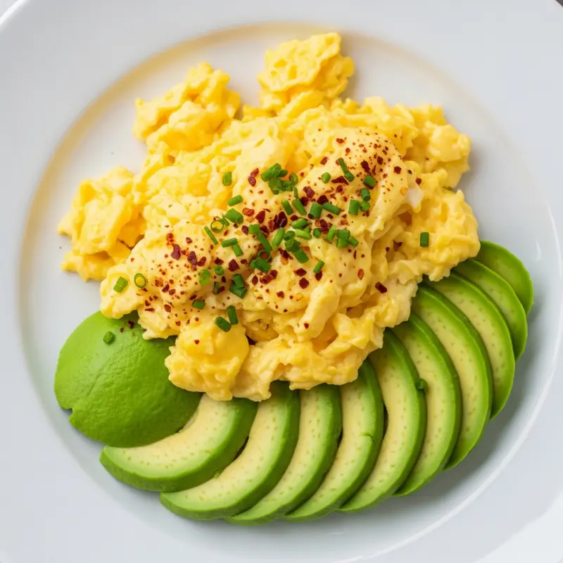 Scrambled eggs met avocado en chilivlokken
