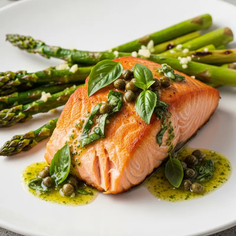 Zalmfilet met groene asperges en citroen-pesto