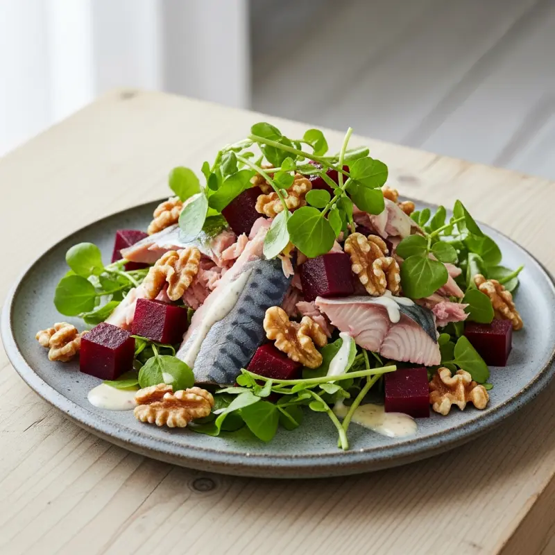 Gerookte makreelsalade met biet en walnoten