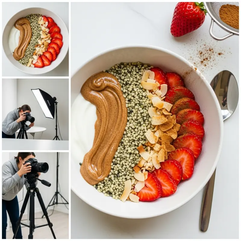 Notenboter bowl met hennepzaad en aardbeien