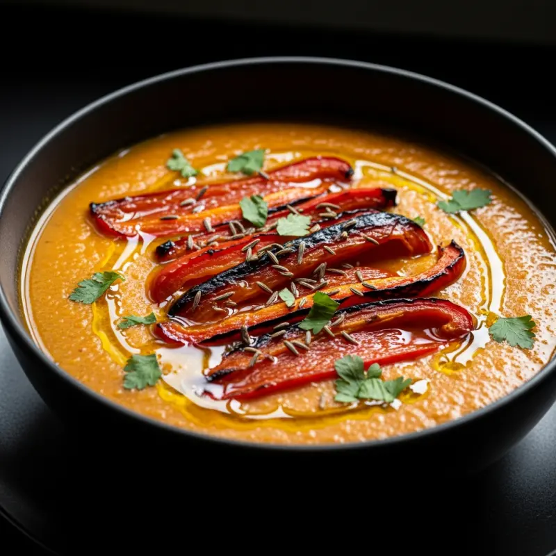 Rode linzensoep met gegrilde paprika en komijn