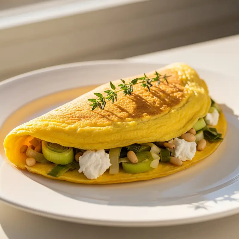 Omelet met prei, geitenkaas en pijnboompitten