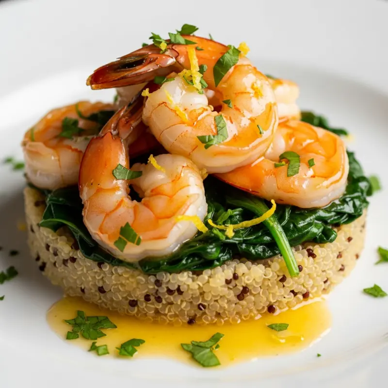 Garnalen met knoflookboter, spinazie en quinoa