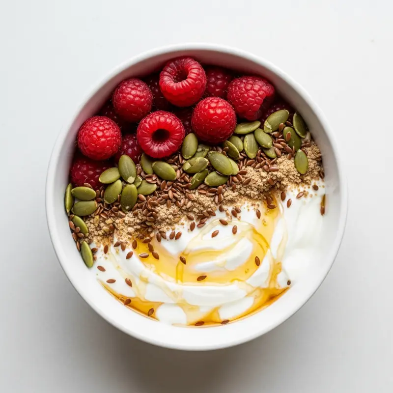 Griekse yoghurt met pompoenpitten en frambozen