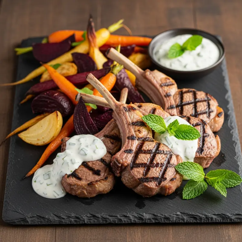 Lamskoteletjes met geroosterde wortelgroenten en mintyoghurt