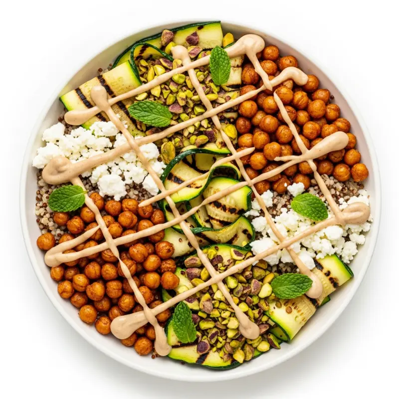 Courgette-feta bowl met kikkererwten en pistache