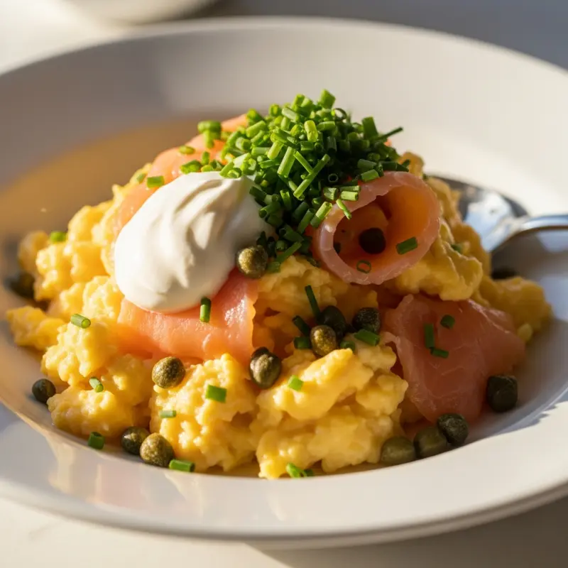 Roerei met gerookte zalm en creme fraiche