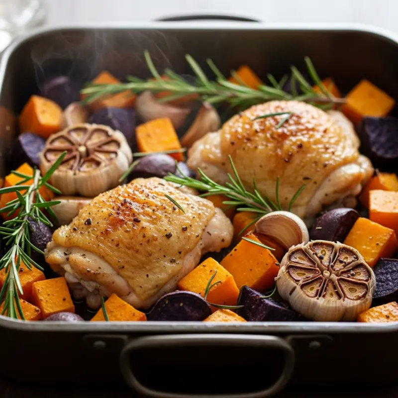 Kippendijen met pompoen, rozemarijn en zoete aardappel