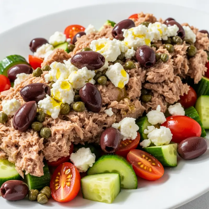 Mediterrane tonijnsalade met olijven en feta