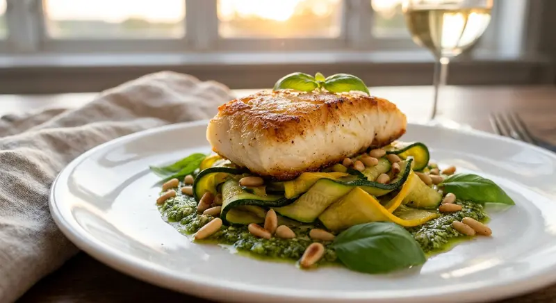 Gebakken kabeljauw met courgette en pesto