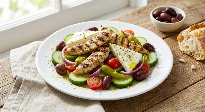 Griekse salade met kip, feta en olijven
