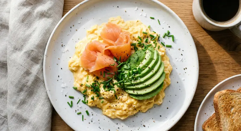 Roerei met avocado en gerookte zalm