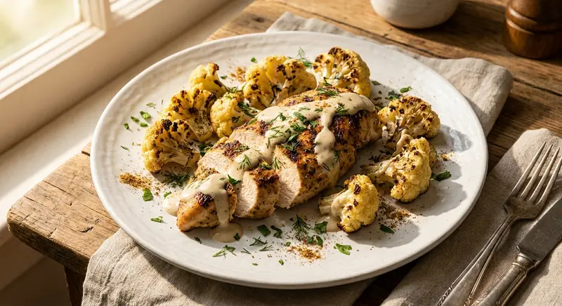 Kipfilet met geroosterde bloemkool en tahindressing