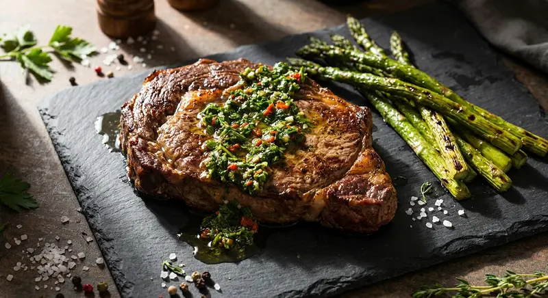 Biefstuk met geroosterde asperges en chimichurri