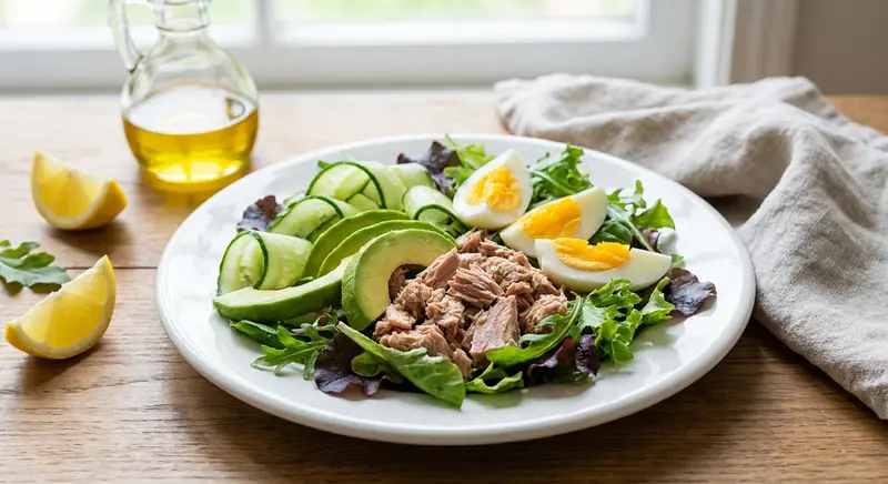Tonijnsalade met avocado, komkommer en ei