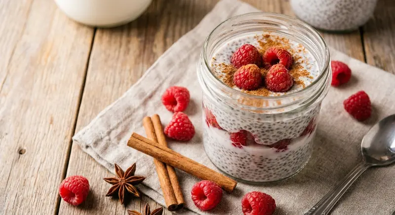 Chiapudding met kokosmelk en frambozen