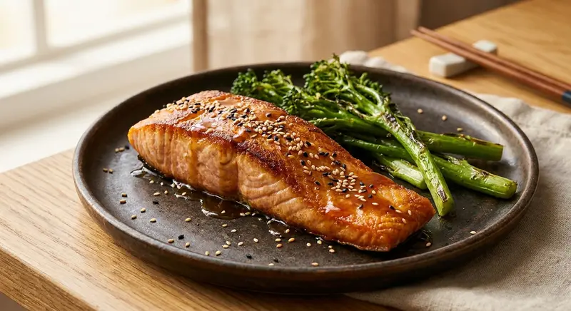 Zalmfilet met bimi en gemberdressing