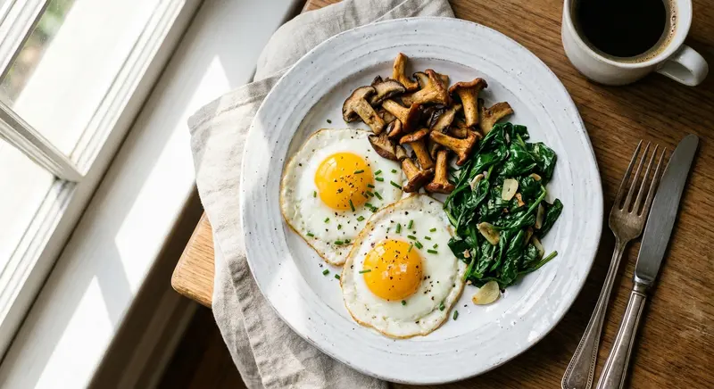 Spiegeleieren met gebakken champignons en spinazie