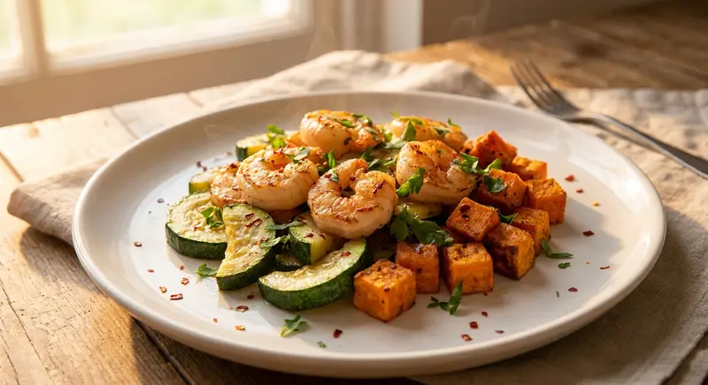 Gamba's met knoflook, courgette en zoete aardappel