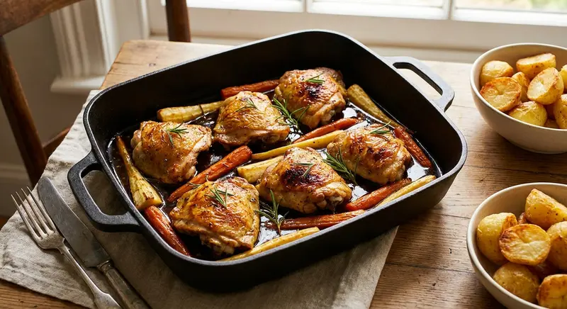 Kippendijen met geroosterde wortel, pastinaak en rozemarijn