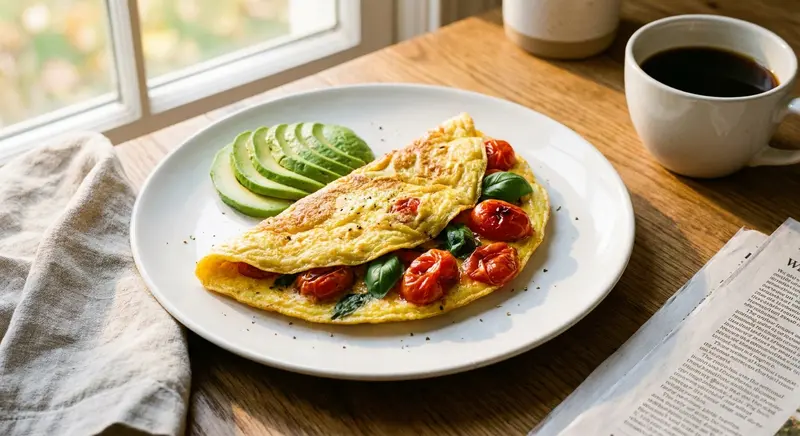 Omelet met tomaat, basilicum en avocado