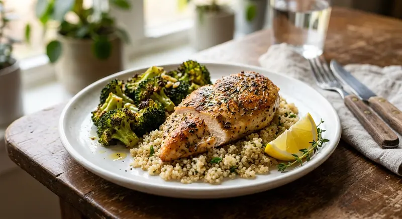 Kipfilet met geroosterde broccoli en quinoa