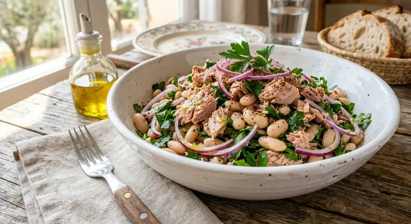 Tonijnsalade met witte bonen, rode ui en peterselie